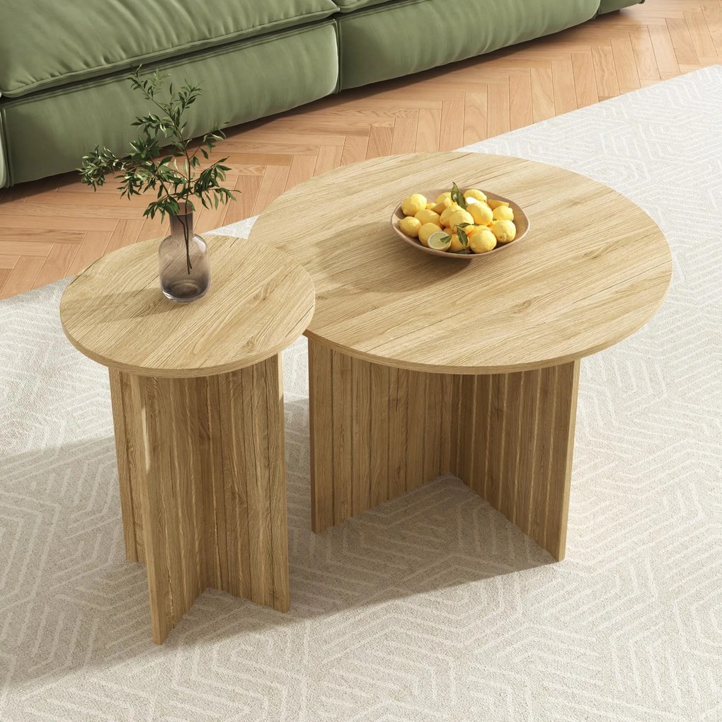 Set modern de 2 măsuțe tip cuib, cu blaturi rotunde și structură verticală pe lateral, 76x76x50 cm/40x40x56,5 cm, Culoare naturală