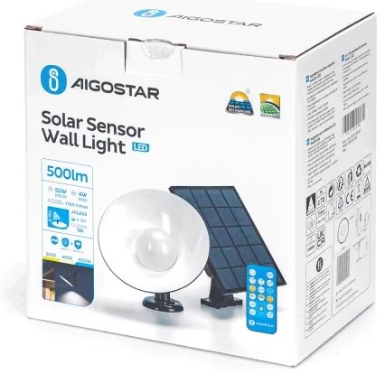 Aplică LED solară Aigostar cu senzor LED/3,2V 3000K/4000K/6500K IP65 + telecomandă