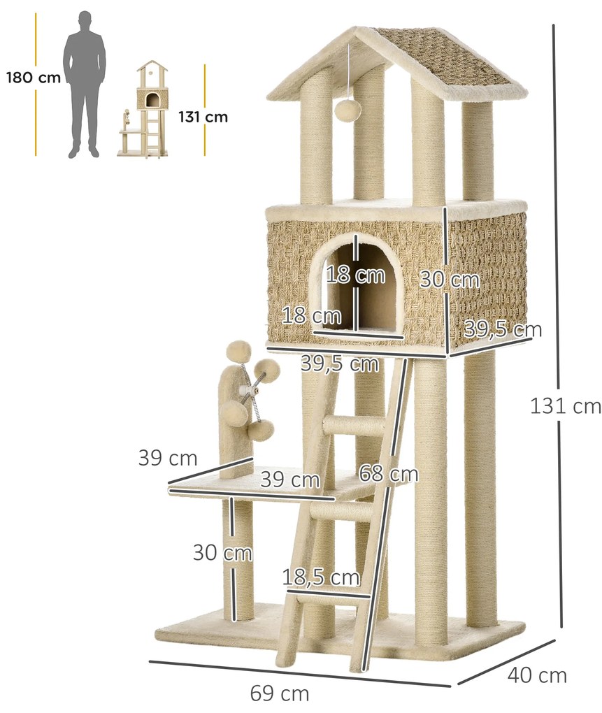 PawHut cu vizuină pentru pisici cu jucării Sisal Plus Khaki + Bej + Cafea | Aosom Romania