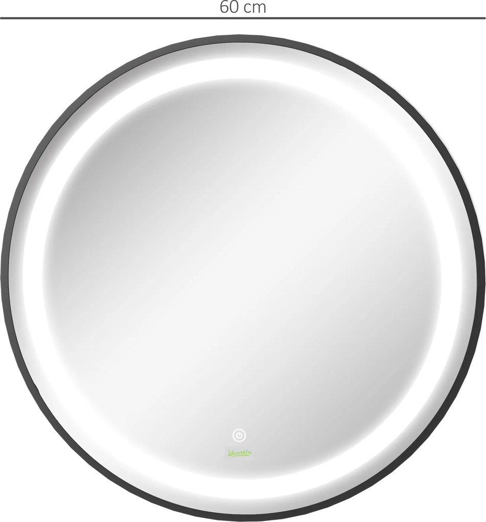 kleankin Oglindă de baie, iluminare LED, dimabilă, 3 culori de lumină, cadru metalic, Ø60 cm, Negru | Aosom Romania