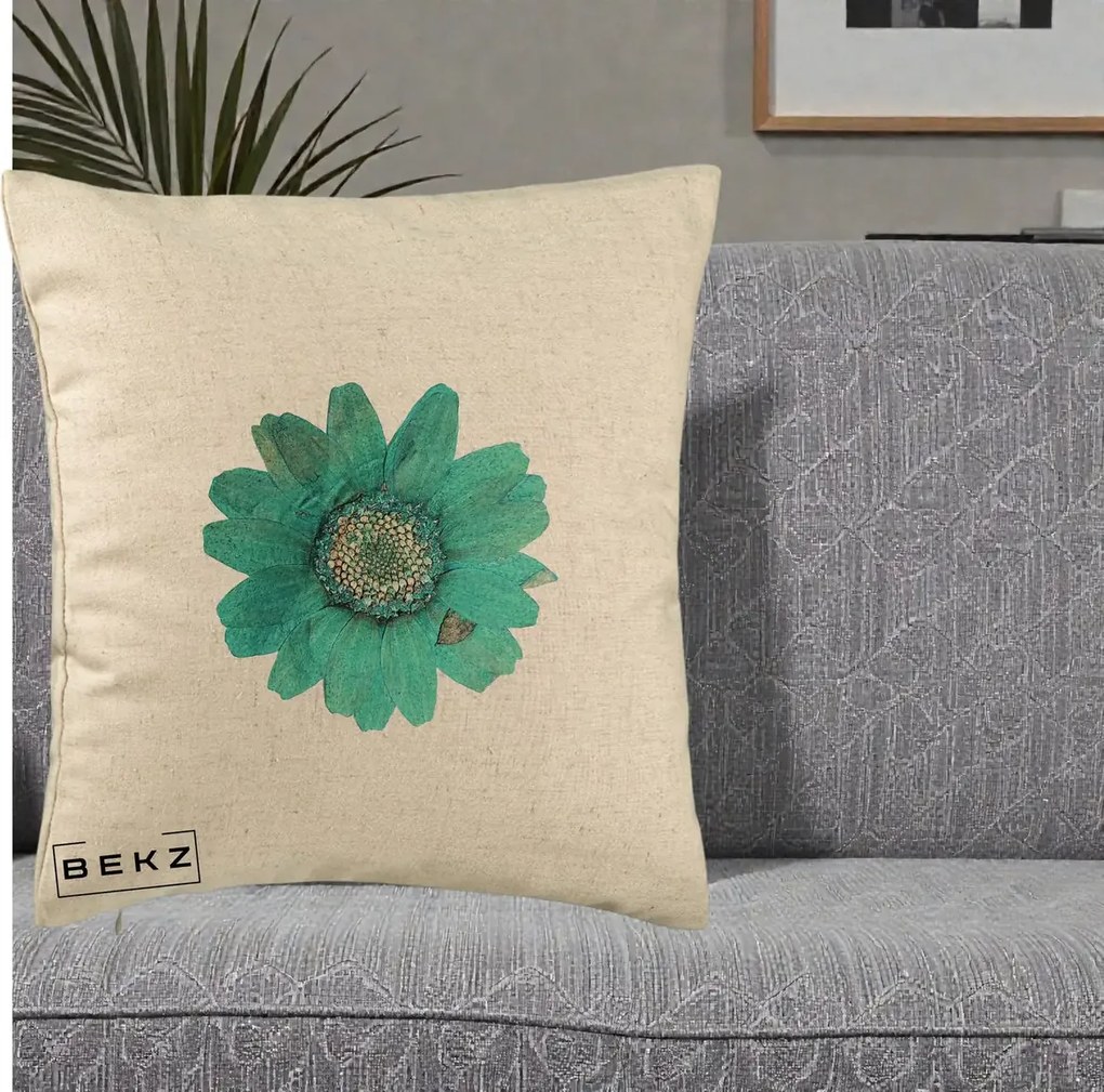 Perna Decorativa Floare Gerbera Teal Acuarela, 40x40 cm, Bej, Husa Detasabila, Perna Inclusa, BEKZ®