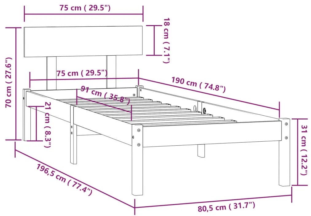 810109  Bed Frame Grey Solid Wood Pine 75x190 cm 2FT6 Small Single Gri, 75 x 190 cm