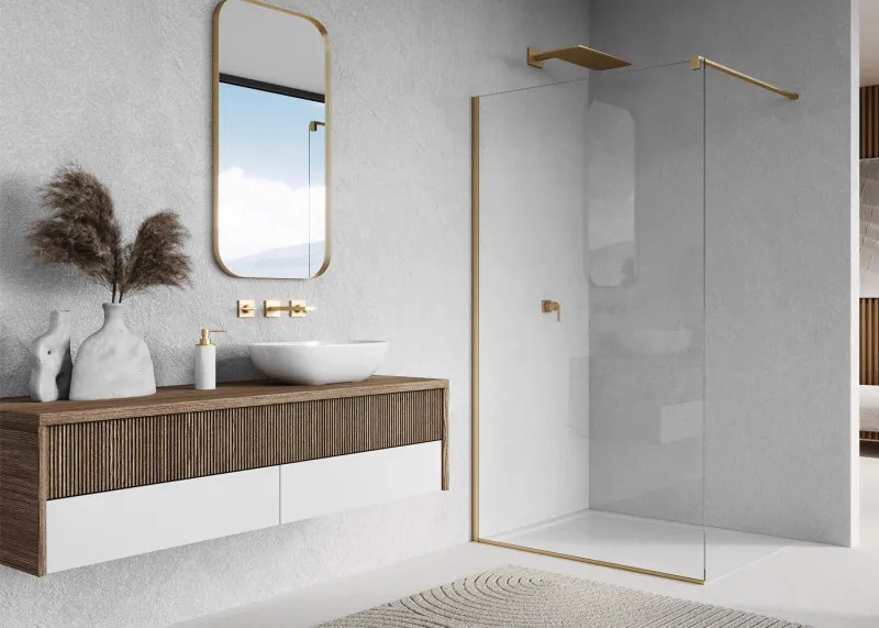 Paravan dus tip walk-in, Sanswiss Easy STR4P, sticla transparenta, profil auriu periat, 90 x 200 cm, sticla 8 mm, Ronal 900x2000 mm