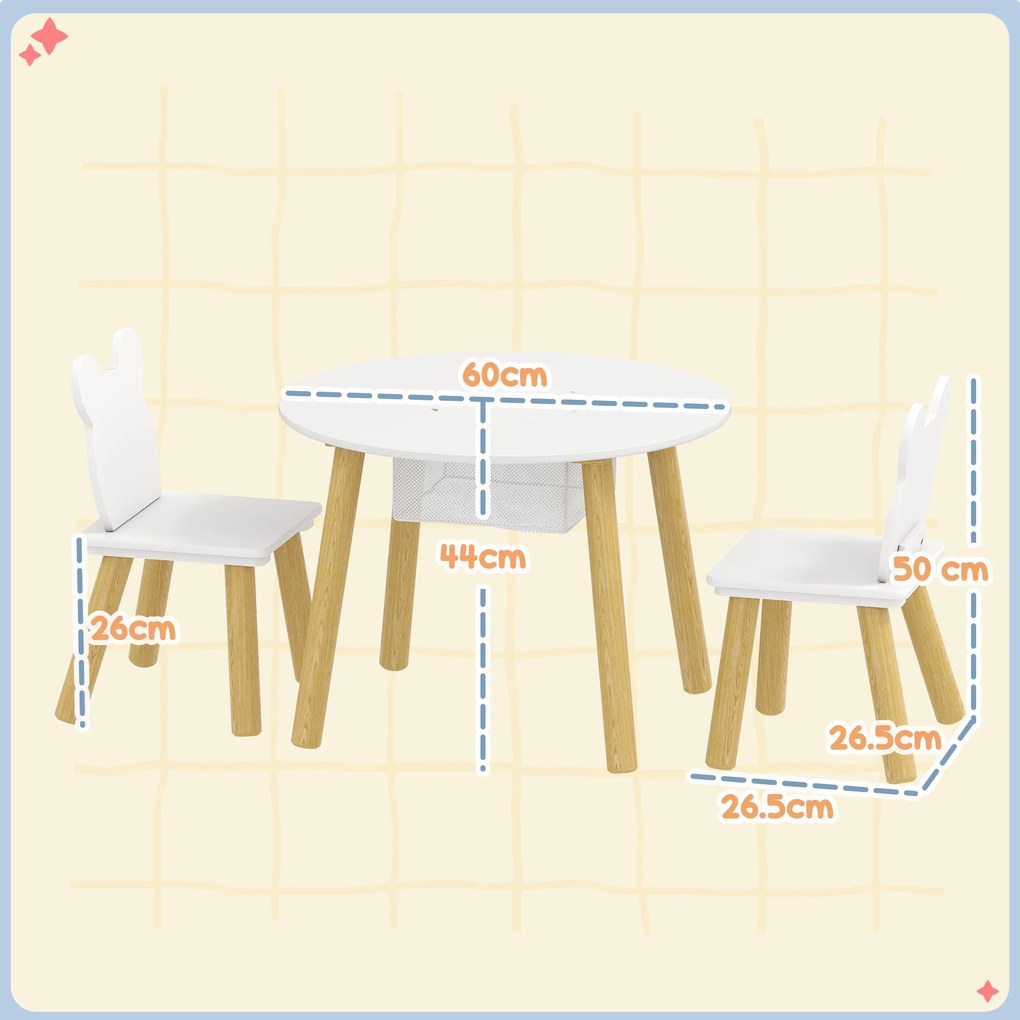 AIYAPLAY Set 1 masă rotundă, 2 scaune pentru copii, 3 piese, spătar în formă de urs, activități, activități creative, mese, 3-6 ani | Aosom Romania