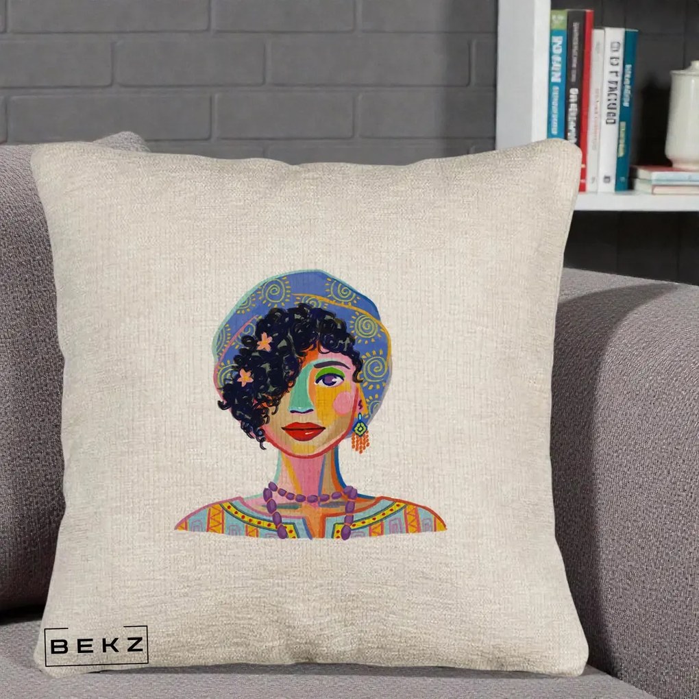Perna Decorativa Portret Femeie Etnic Colorat, 40x40 cm, Bej Canapea, Husa Detasabila, Perna Inclusa, BEKZ®