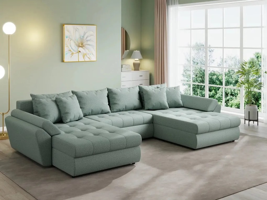 Colțar extensibil dumonde cu ladă de depozitare si sezut confortabil din spuma high-density, Loana U Enjoy Mint 355x185 cm