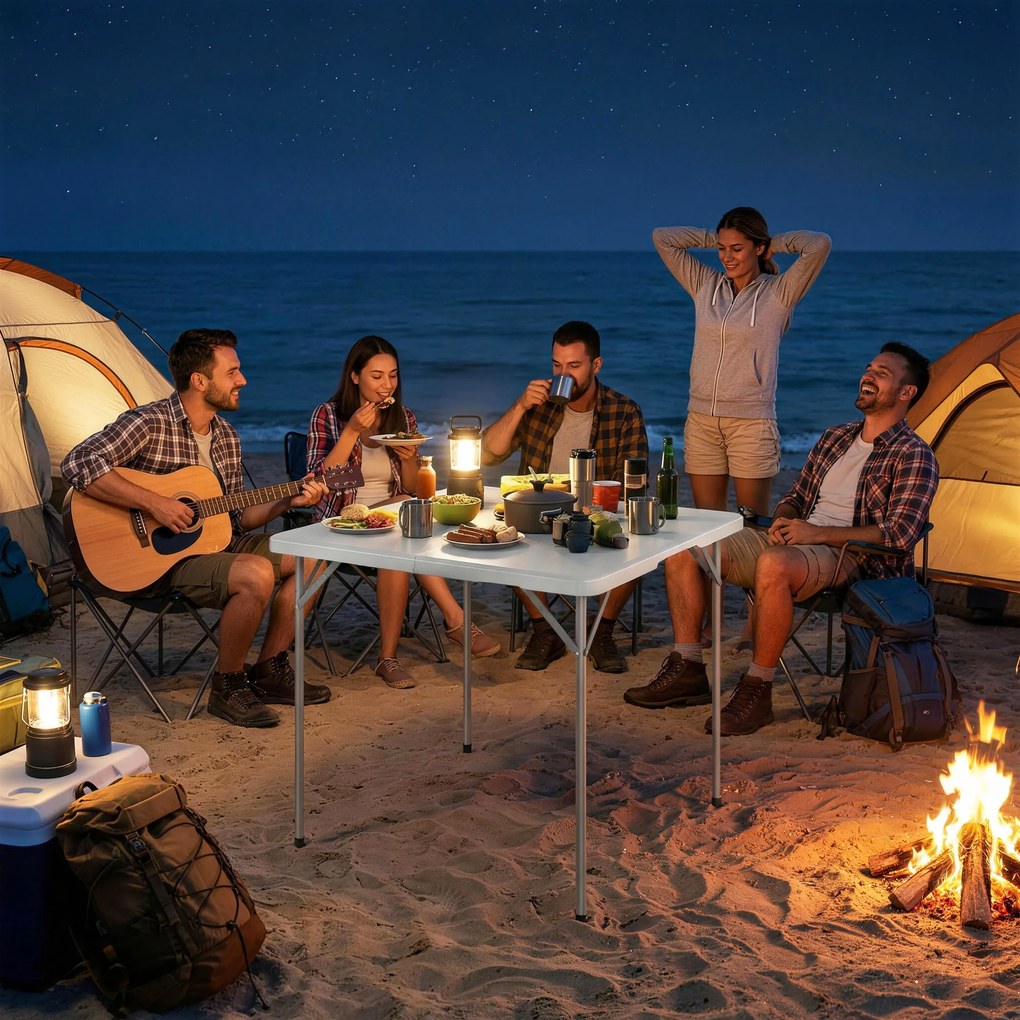 Outsunny Masă pliantă din HDPE, masă de camping pliantă pătrată 86 x 86 x 74 cm, cu mâner, înălțime reglabilă, alb | Aosom Romania