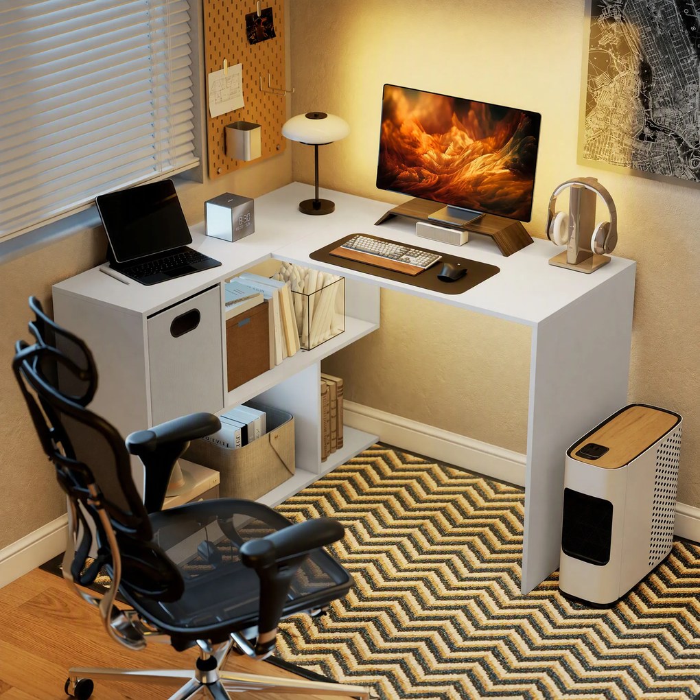 HOMCOM Birou Colțar pentru Computer, 110x100 cm, Birou în Formă de L cu Raft și Sertar din Material Textil, Masă pentru PC pentru Dormitor, Birou și Studio, Alb | Aosom Romania