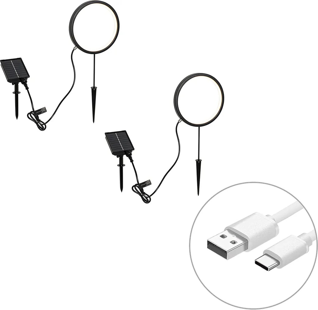 Set 2 spoturi solitare negre 50cm cu LED reîncărcabil și solar IP65 - Adalind