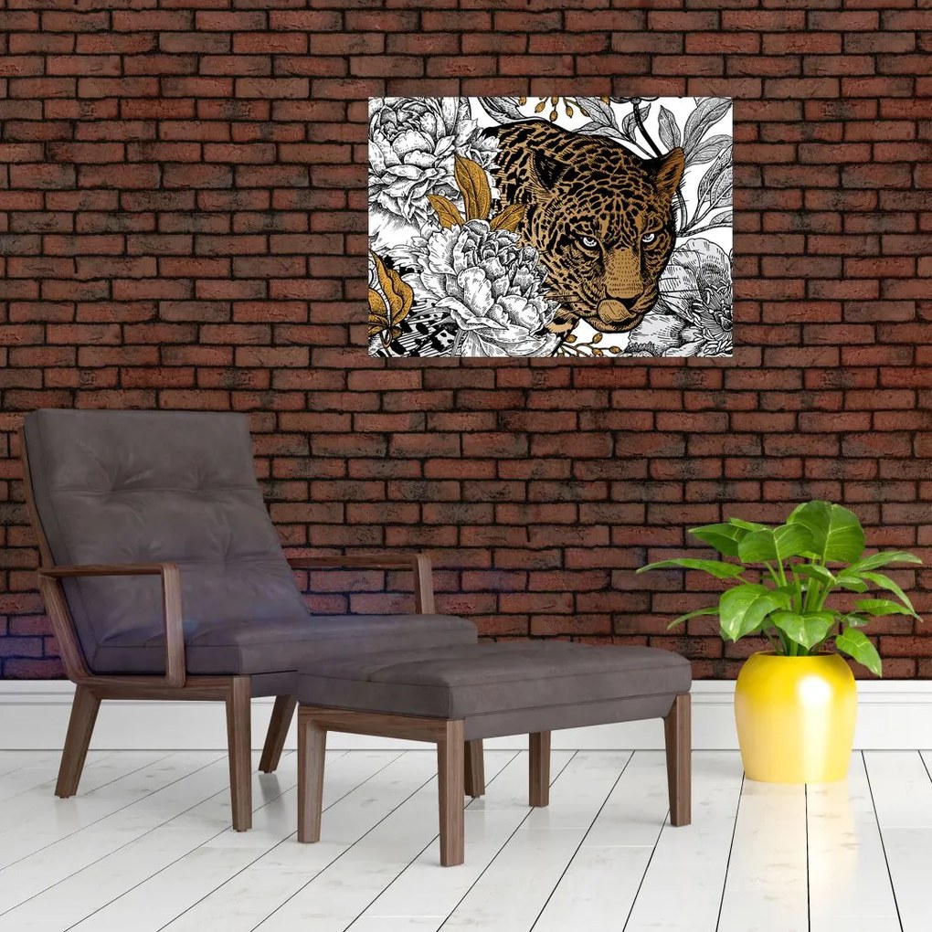 Tablou pe sticlă - Leopard între flori (70x50 cm)