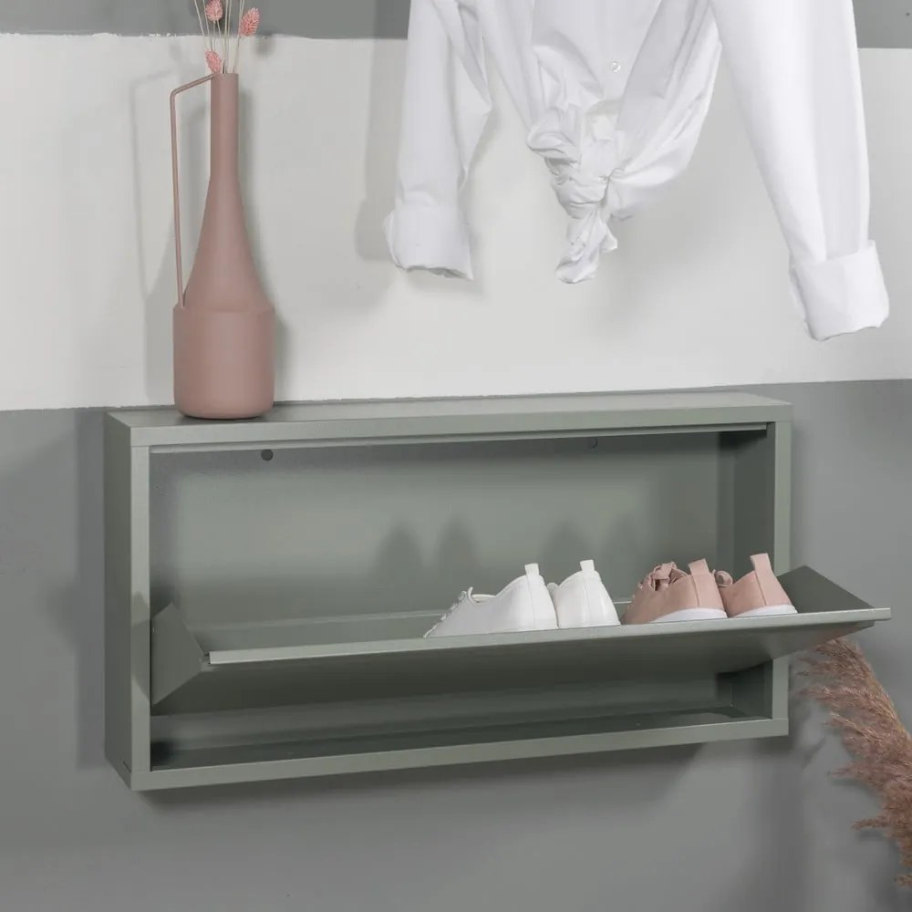 Pantofar verde prăfuit cu deschidere înclinată din metal 75x37,5x12,5 cm Billy – Spinder Design