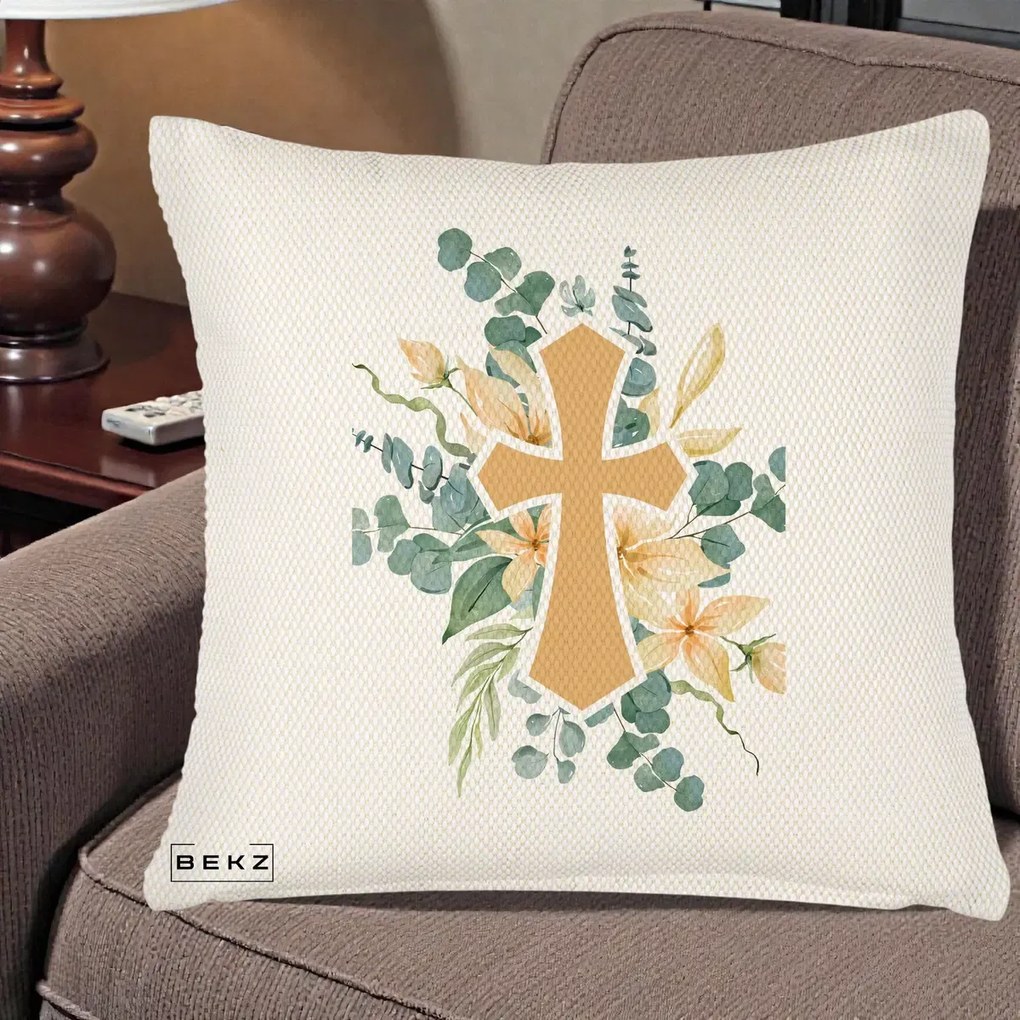 Perna Personalizata Cruce Florala Botez, 40x40 cm, Crem Reliefat, Husa Detasabila, Perna Inclusa, BEKZ®