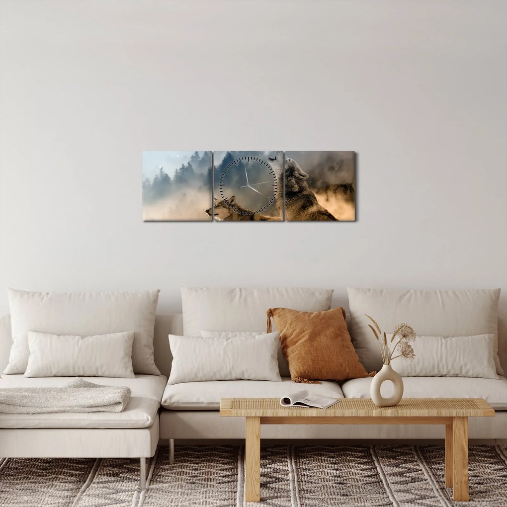Tablou - lupii urlând la lună (cu ceas) (90x30 cm)