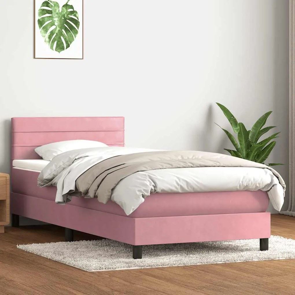 vidaXL Pat box spring cu saltea, roz, 100x220 cm, catifea