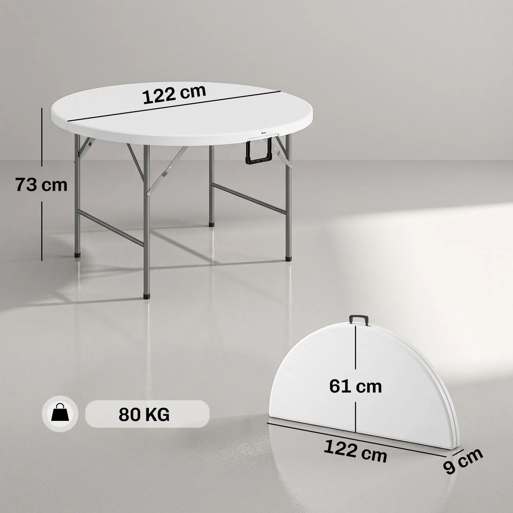Outsunny Masă Pliabilă de Grădină Φ122 cm, Masă de Picnic Rotundă pentru 6 Persoane, Cadru Metalic, Alb | Aosom Romania