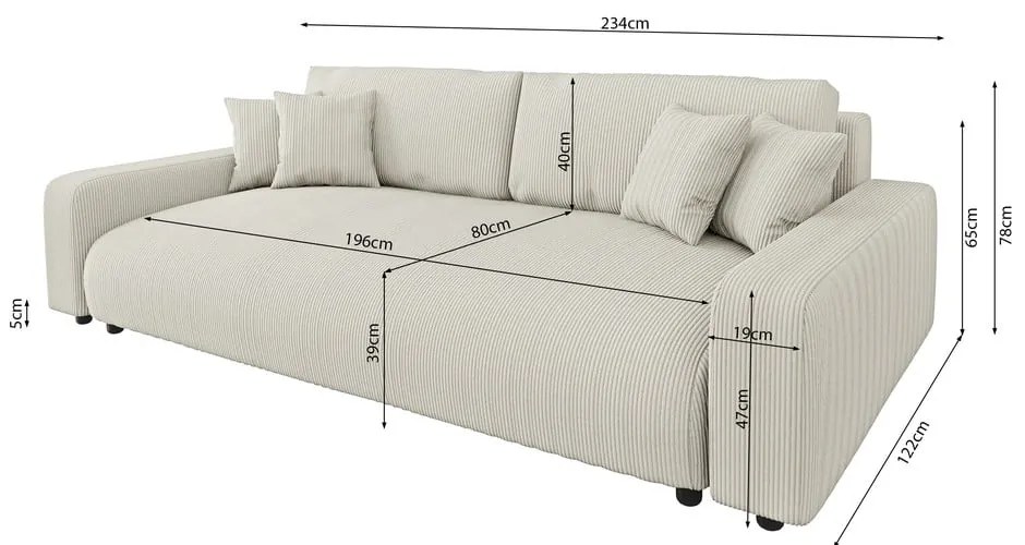 Canapea crem extensibilă, cu spațiu de depozitare, cu tapițerie din catifea reiată 234 cm Sara – Ropez