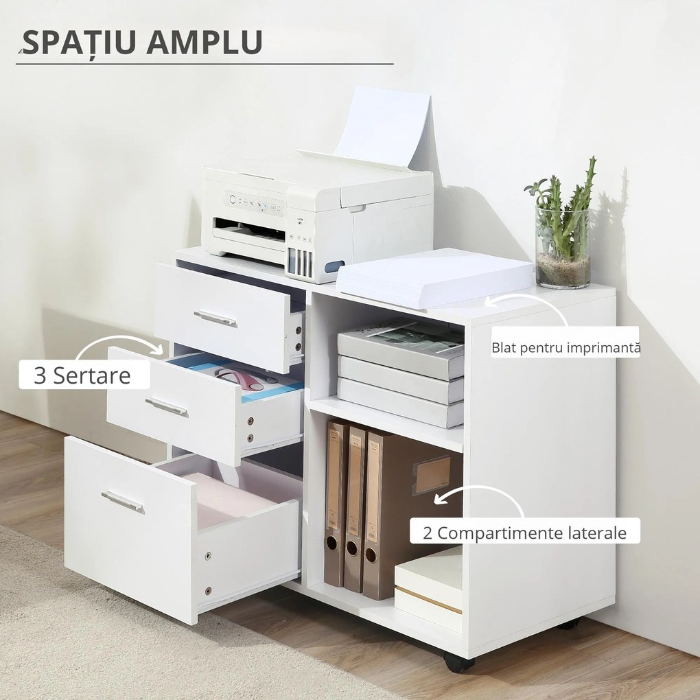 HOMCOM Mobilier Multifuncțional pentru Imprimantă cu 3 Sertare, Birou pe Roti, 80x40x65cm, Spațiu de Depozitare, Alb | Aosom Romania