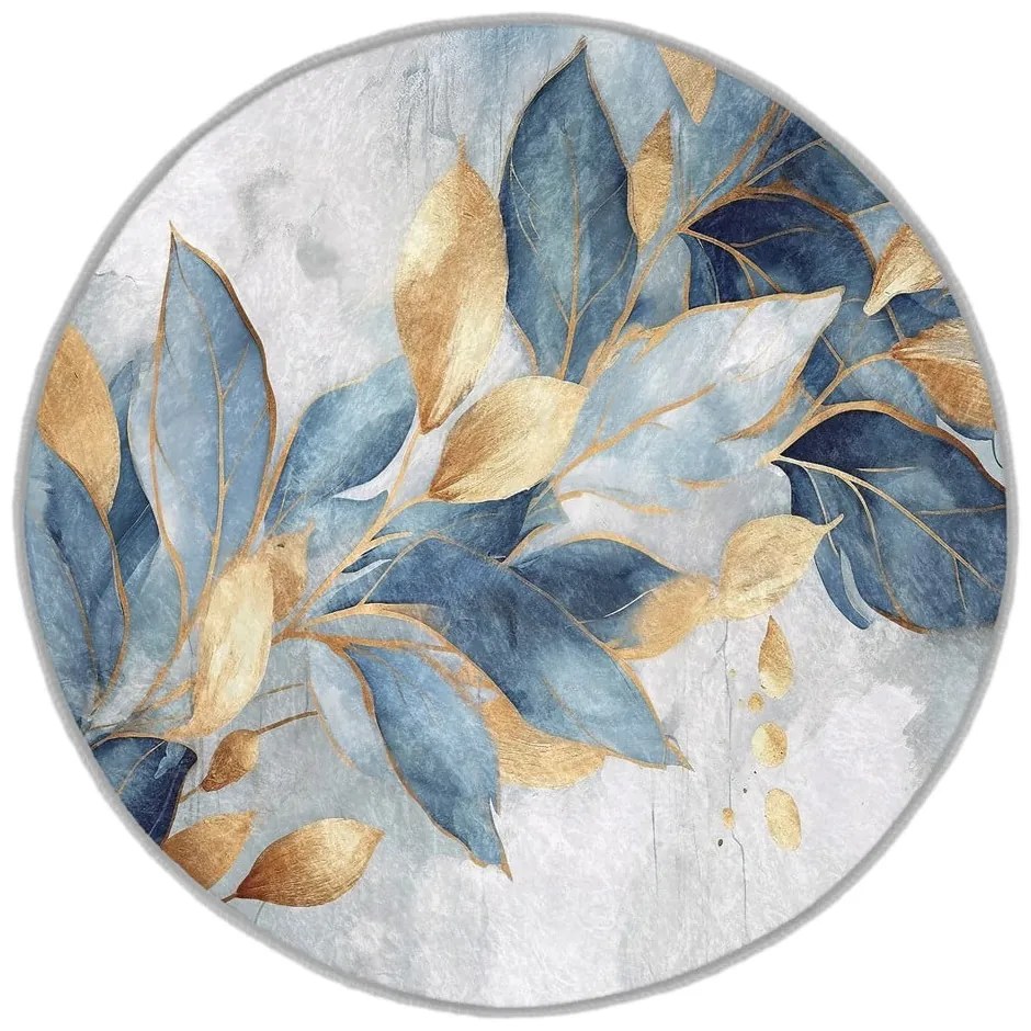 Covor albastru/auriu lavabil rotund ø 120 cm Golden Leaves – Mila Home