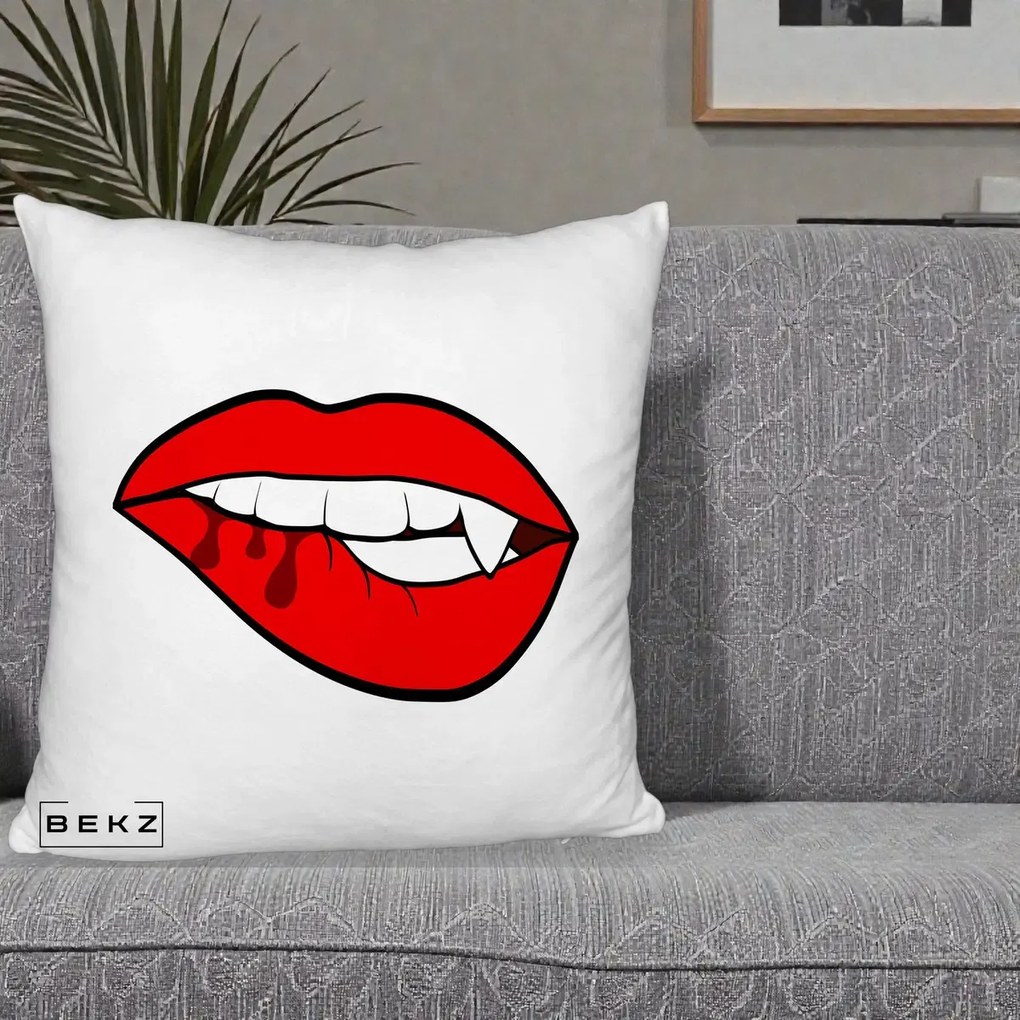Perna Decorativa Vampire Lips Halloween, 40x40 cm, Alb Pufos, Husa Detasabila, Perna Inclusa, BEKZ®