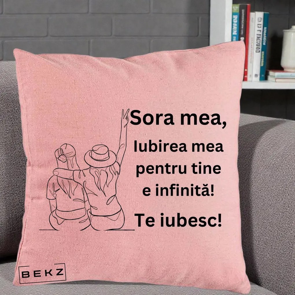 Cadou pentru Sora - Perna Personalizata Sora Mea Te Iubesc Line Art Portrete Colorate, 40x40 cm, Roz, Husa Detasabila, Perna Inclusa, BEKZ®