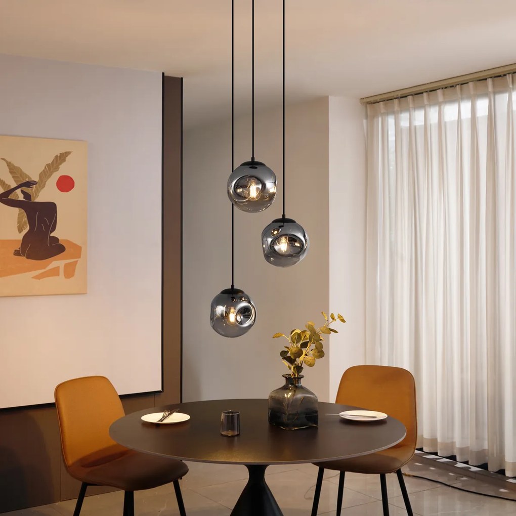 Lampă suspendată Art Deco neagră cu sticlă fumurie cu 3 lumini - Douglass