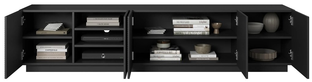 Comodă TV Asha 200 cm, cu 5 uși și fronturi riflate – negru mat