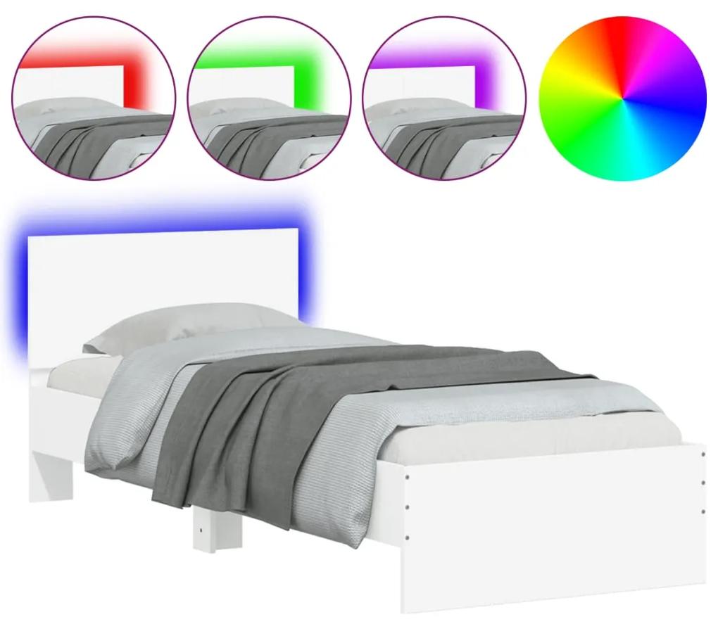 838834 vidaXL Cadru de pat cu tăblie și lumini LED, alb, 90x190 cm