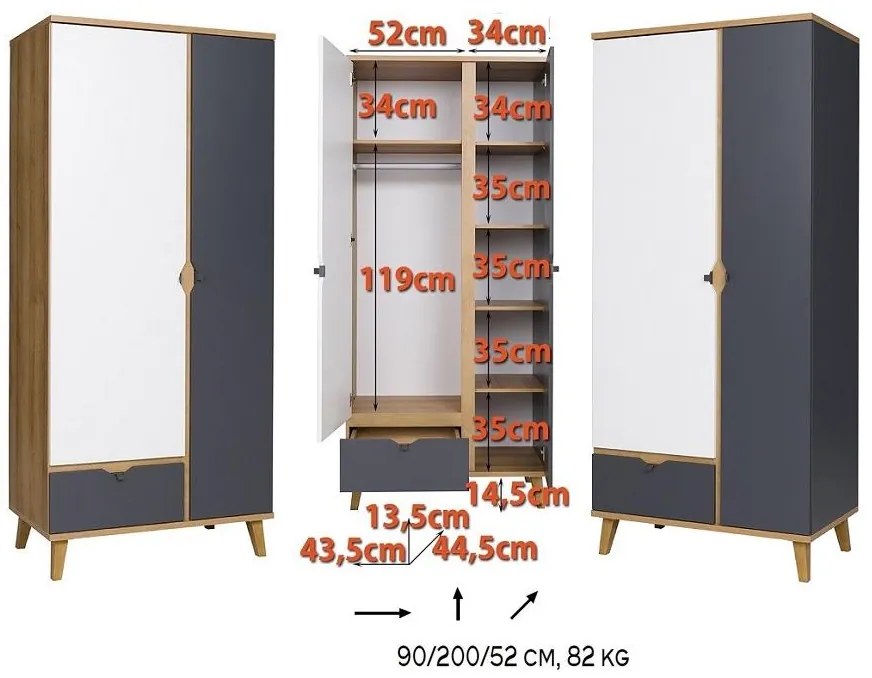 Dulap de haine Mimone SZ2D1SZ (Stejar auriu + Alb mat + grafit). 1051782