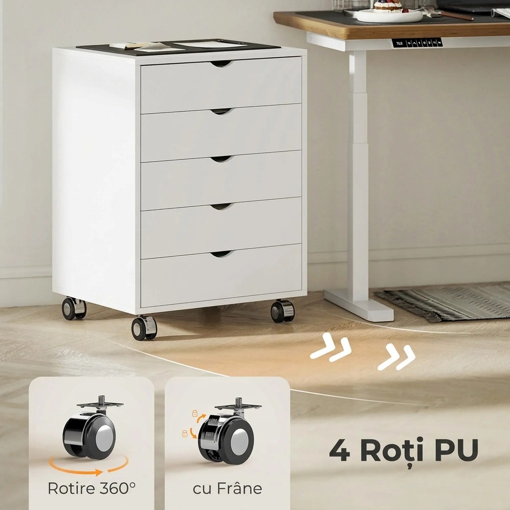 HOMCOM Dulap pentru birou cu 5 sertare pentru documente A3, pe roți și cu încuietoare, 50x40x67.5 cm, alb | Aosom Romania
