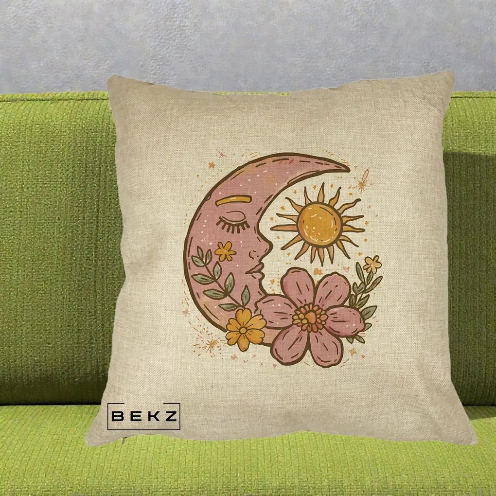 Perna Personalizata Luna si Soare Floral Boho, 40x40 cm, Crem, Husa Detasabila, Perna Inclusa, BEKZ®