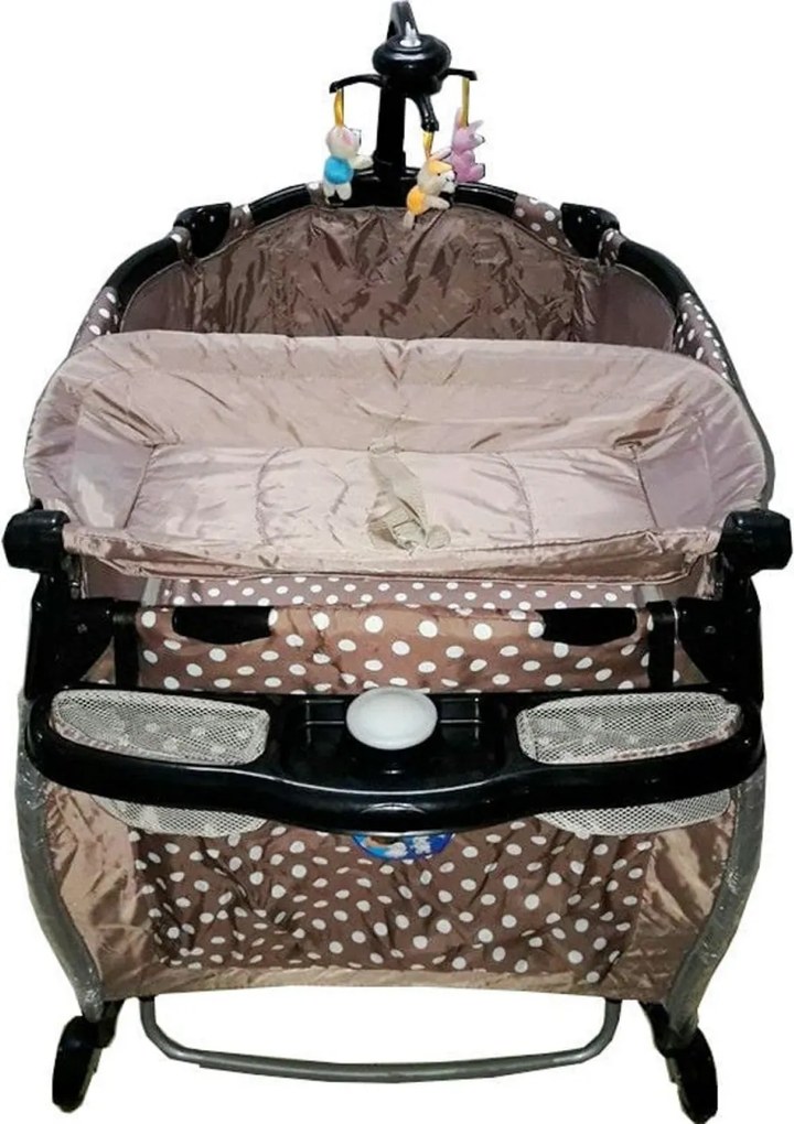 Patut Pliant rotund cu balansoar, Tarc copii Baby Care™ ROUND NEST, Pliabil pe 2 Niveluri cu muzica si Masa infasat, Jucarie Carusel cu jucarii din