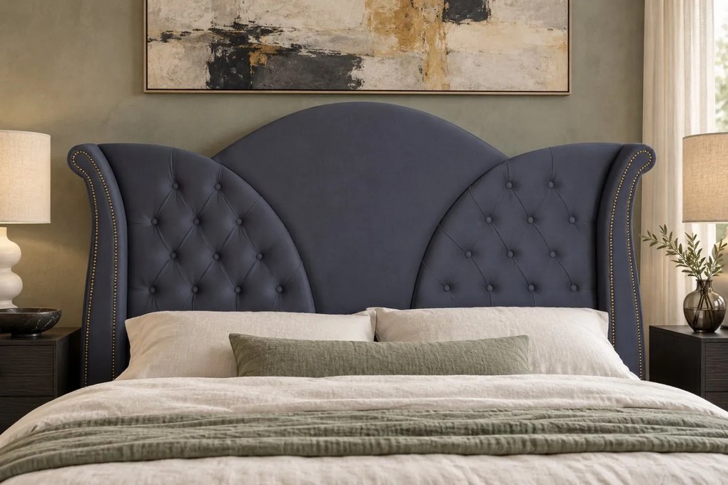 Pat tapițat Chesterfield din catifea Velora Deluxe Classic 140×200 cm, gri închis, cu ladă de depozitare