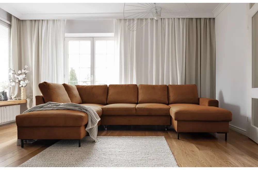 Colțar portocaliu/maro extensibil cu tapițerie din catifea reiată (cu colț pe partea stângă ) Lofty Lilly – Miuform