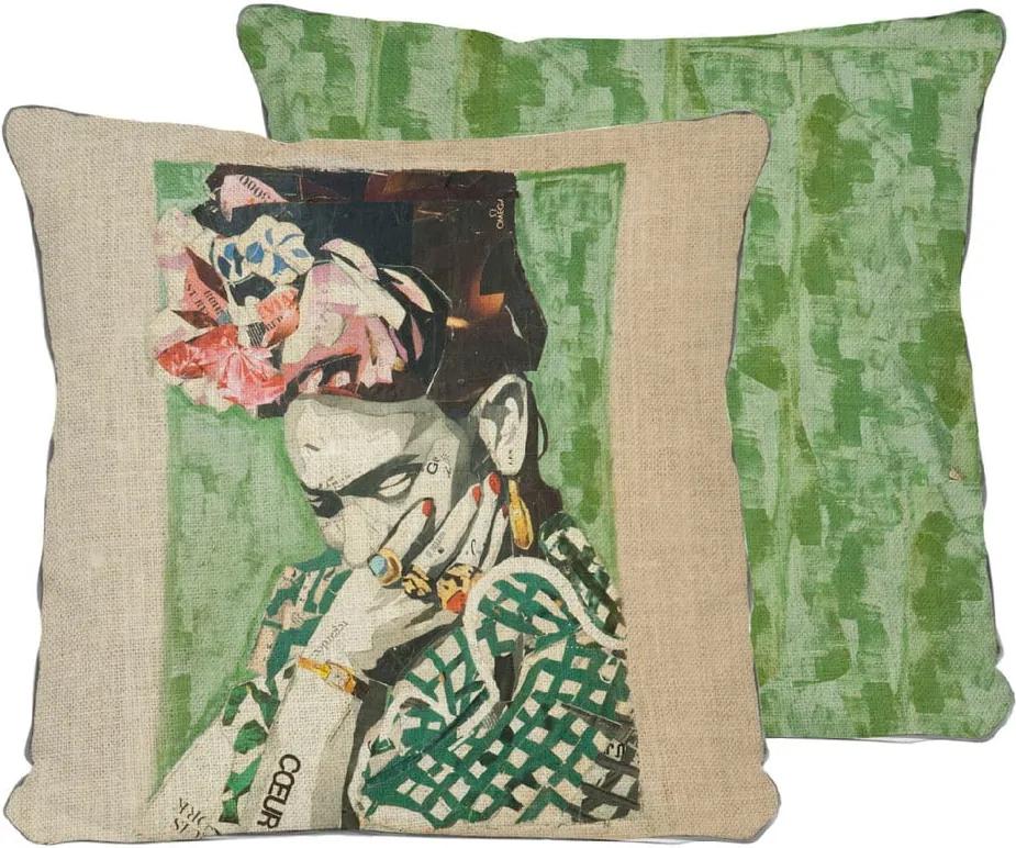 Față de pernă reversibilă din amestec de in Madre Selva Frida Collage Green, 45 x 45 cm