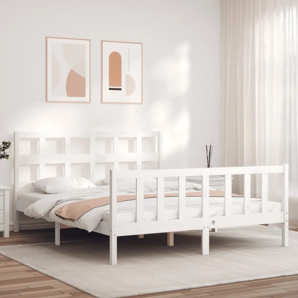 vidaXL Cadru de pat cu tăblie, alb, king size, lemn masiv