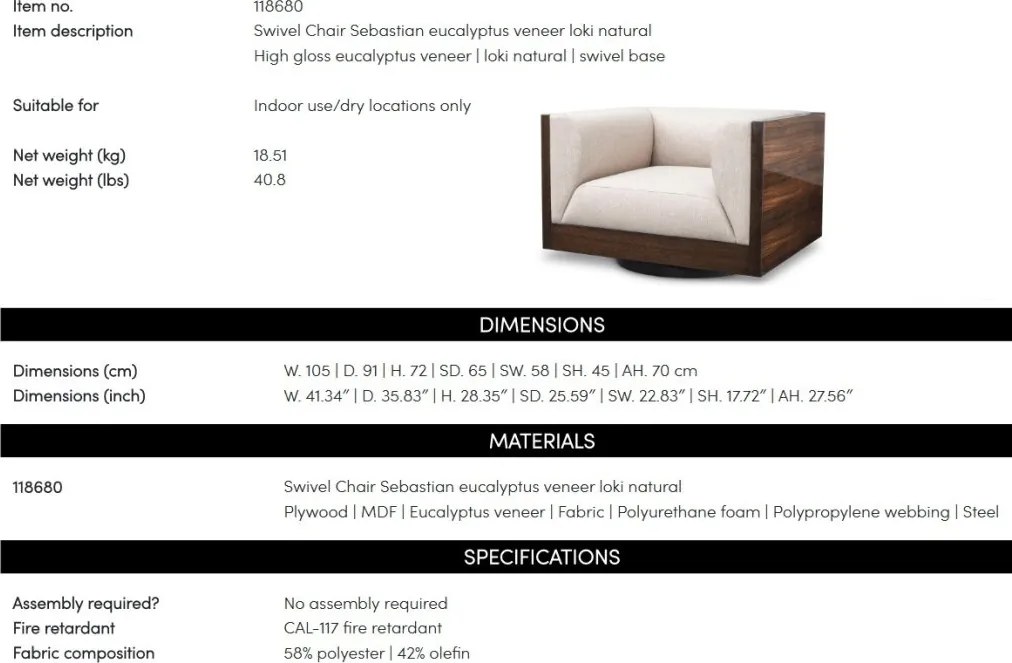 Fotoliu pivotant design LUX, Furnir de eucalipt lucios, Sebastian