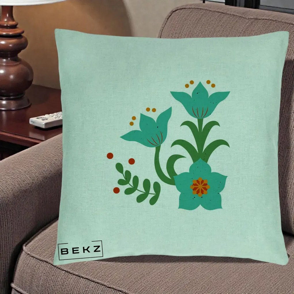 Perna Decorativa Flori Stilizate Folk Turcoaz, 40x40 cm, Verde Menta, Husa Detasabila, Perna Inclusa, BEKZ®