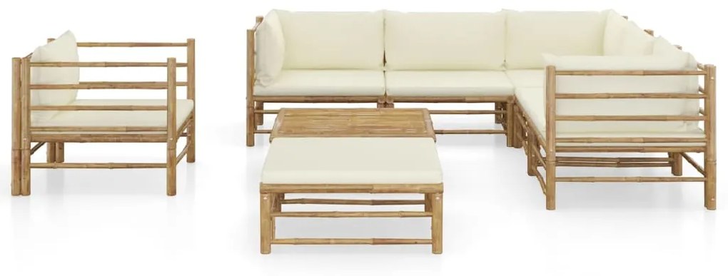 3058217 vidaXL Set mobilier de grădină, cu perne alb crem, 8 piese, bambus