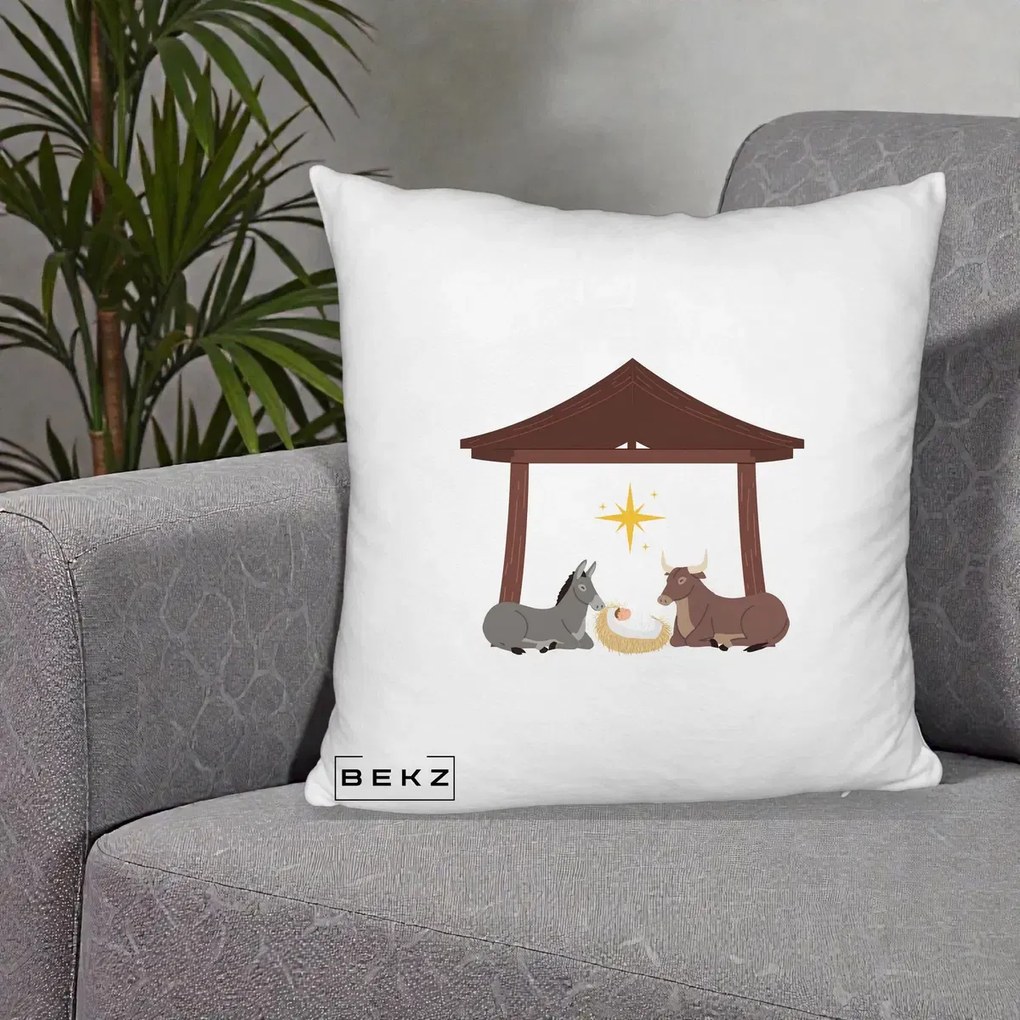 Perna Decorativa Ieslea din Betleem cu Iesle Asin si Bou, 40x40 cm, Alb Pufos, Husa Detasabila, Perna Inclusa, BEKZ®