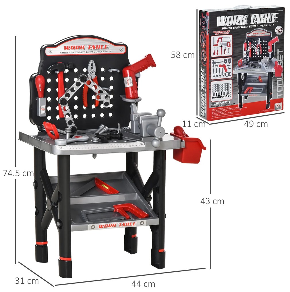 HOMCOM Banc de Lucru Jucarie cu 50 Accesorii, Unelte pentru Copii 3-6 Ani cu Bormasina cu Baterie, Negru Gri