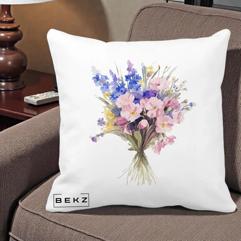 Perna Decorativa Buchet Floral Acuarela Primavara, 40x40 cm, Alba Mata, Husa Detasabila, Perna Inclusa, BEKZ®