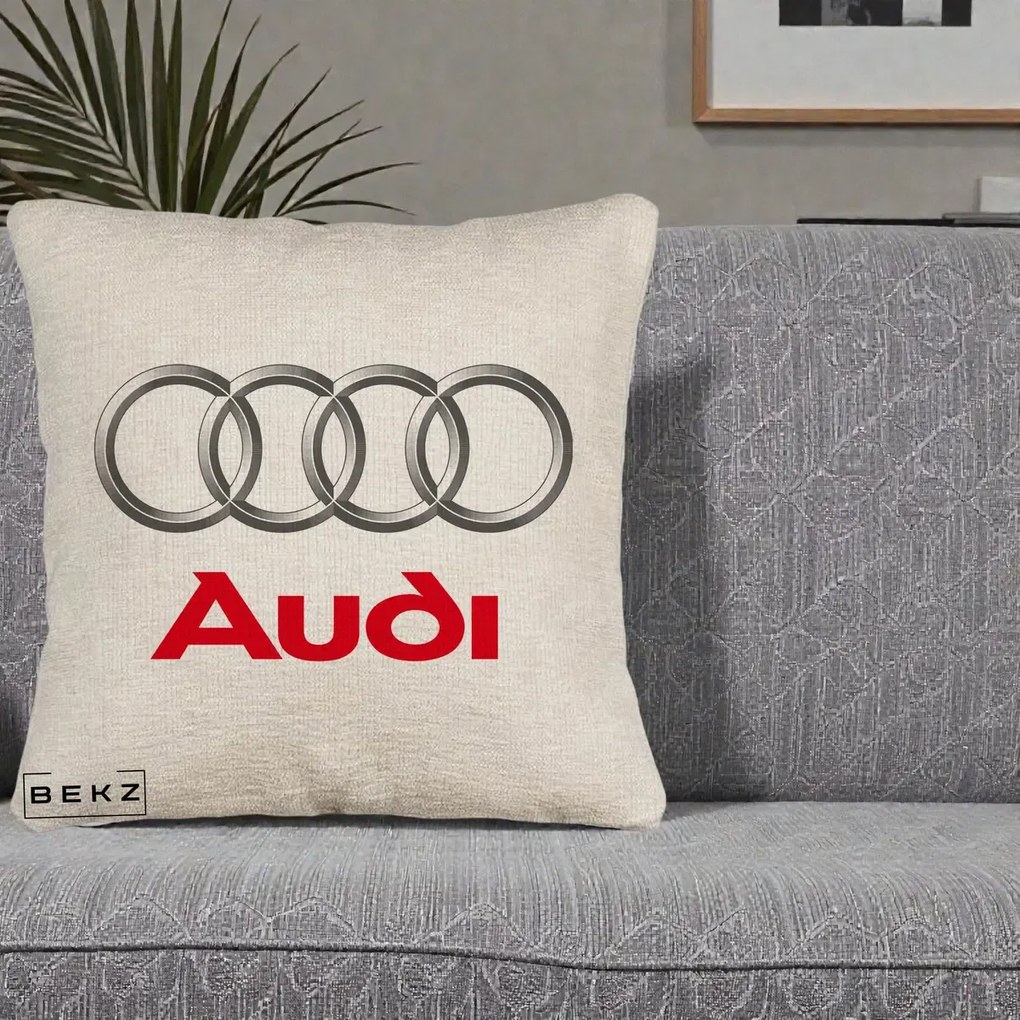 Perna Personalizata cu emblema Audi, 40x40 cm, Bej Canapea, Husa Detasabila, Perna Inclusa, BEKZ®