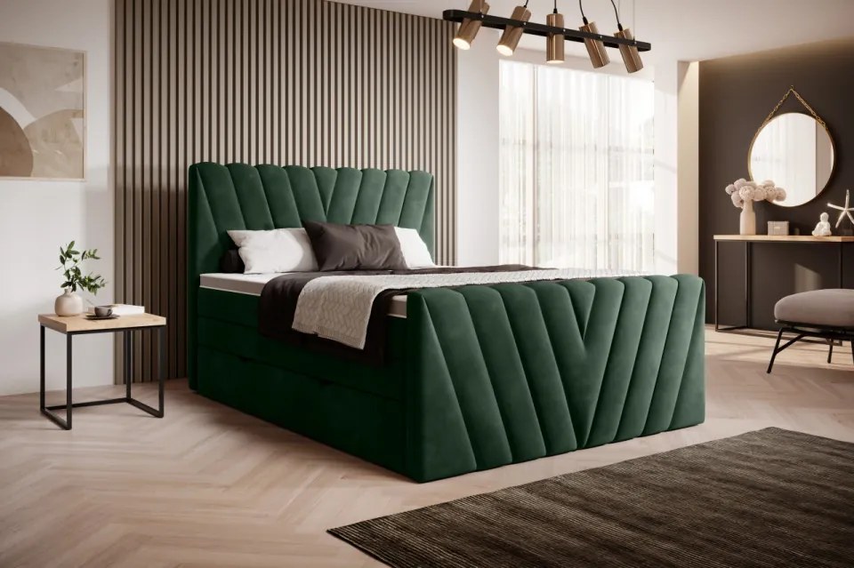 Pat tapitat, boxspring, cu spatiu pentru depozitare, 140x200 cm, Candice 3, Eltap (Culoare: Verde inchis - Lukso 39)