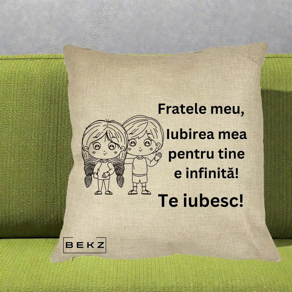 Cadou pentru Frate - Perna Personalizata Fratele Meu Te Iubesc Copii Anime Line Art Negru, 40x40 cm, Crem, Husa Detasabila, Perna Inclusa, BEKZ®