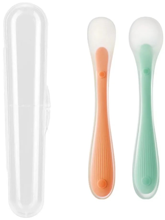 Set 2 lingurite bebe din silicon de dimensiuni diferite, fara BPA, ideala pentru diversificare 6+ luni, include cutie depozitare, Kidizi verde-orange