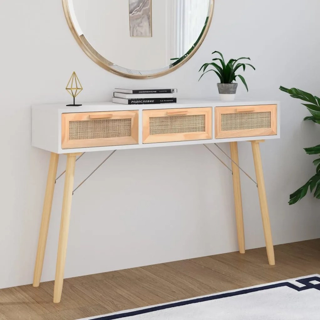 Masa consola alb 105x30x75 cm lemn masiv pin si ratan natural 1, Alb