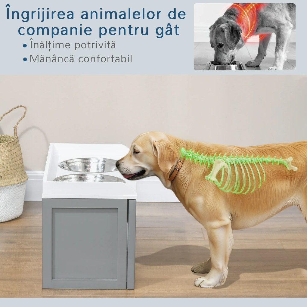 PawHut Boluri Înălțate pentru Câini din Oțel Inoxidabil și Lemn cu Sertar, 60x30x36 cm, Gri | Aosom Romania