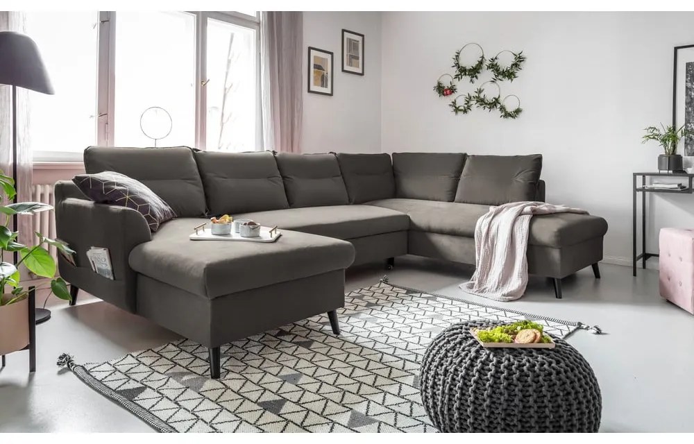 Canapea extensibilă din catifea în formă de „U” cu șezlong pe partea dreaptă Miuform Stylish Stan, gri închis