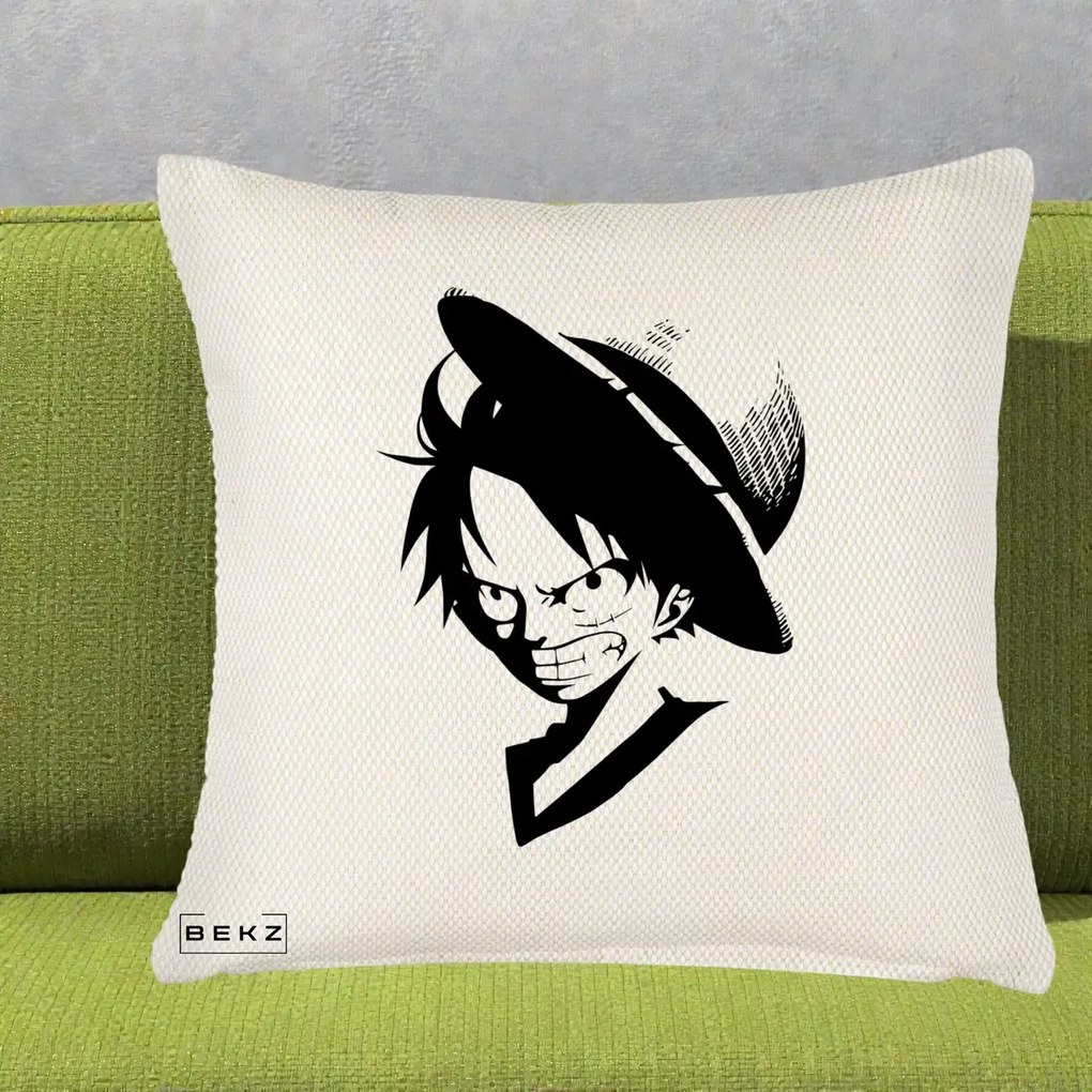 Perna Personalizata One Piece Luffy Silueta Alb-Negru, 40x40 cm, Crem Reliefat, Husa Detasabila, Perna Inclusa, BEKZ®