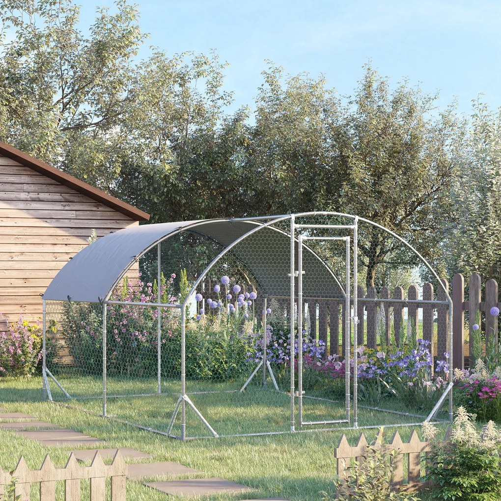 PawHut Coteț pentru Găini de Exterior, 2.8x3.8x2m Recintă din Oțel Zincat cu Acoperiș Impermeabil Anti-UV și Încuietoare, Găini, Iepuri și Rațe | Aosom Romania